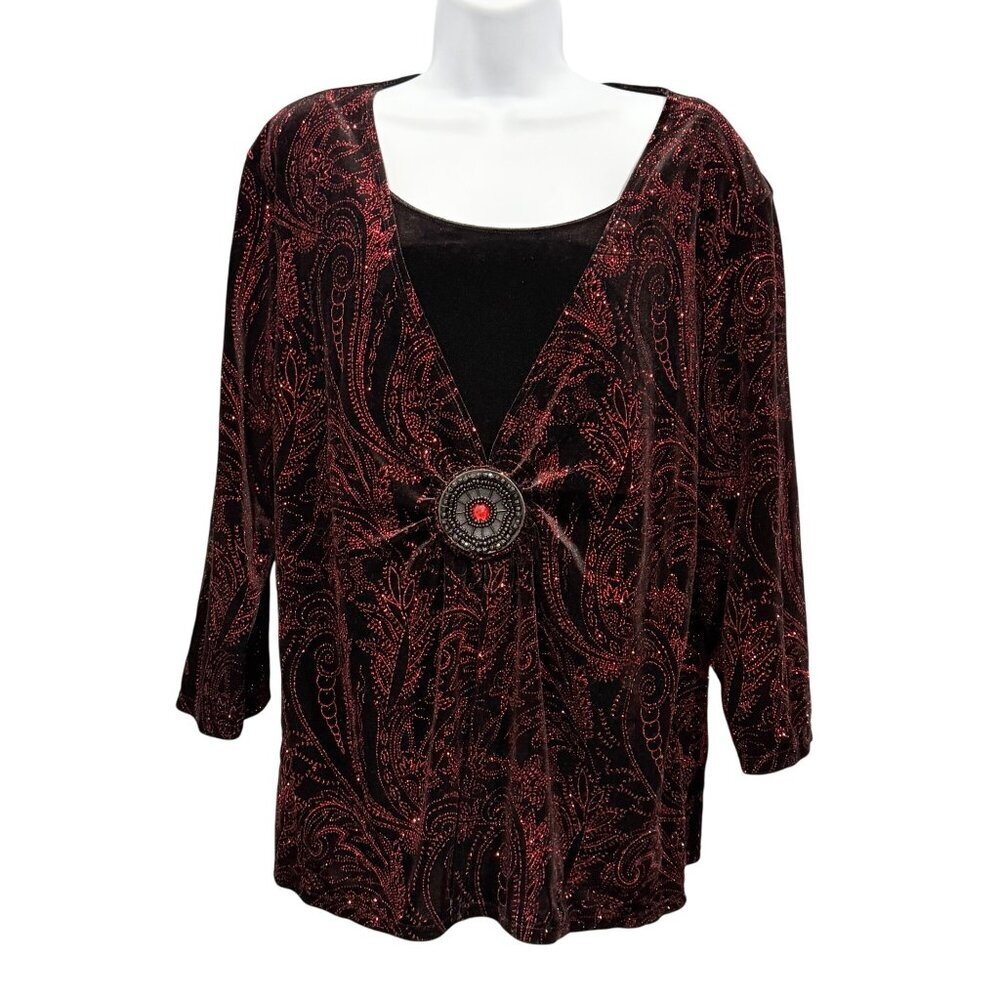 Notations Sparkly Black‎ Velvet Red Glitter Paisley Top Event Holiday Womens XL